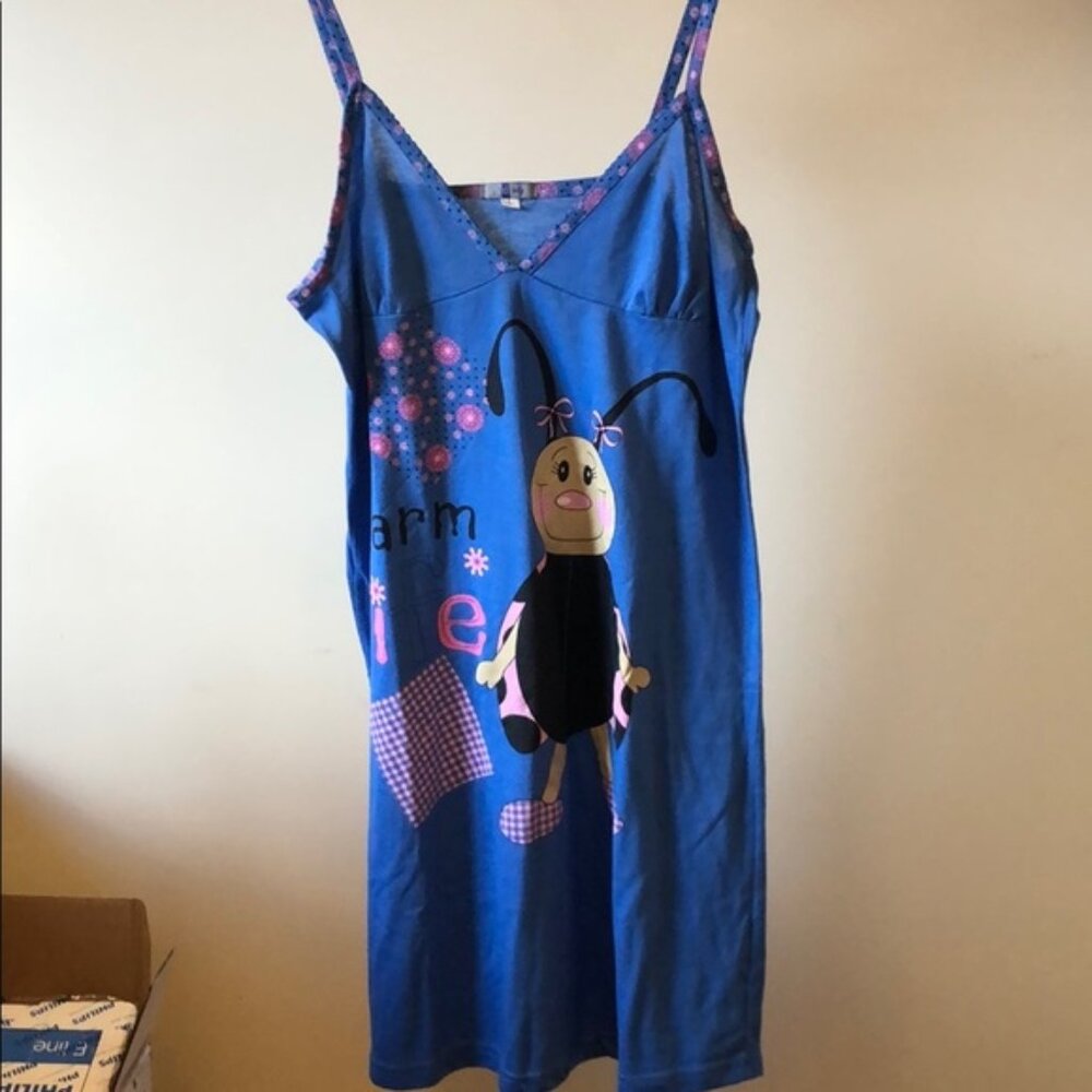 Vintage Blue Printed Chemise Slip with Pink Accents